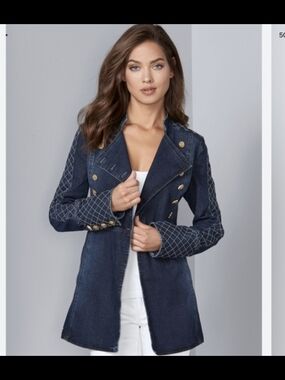 VENUS Navy Quilted-Sleeve Denim Blazer